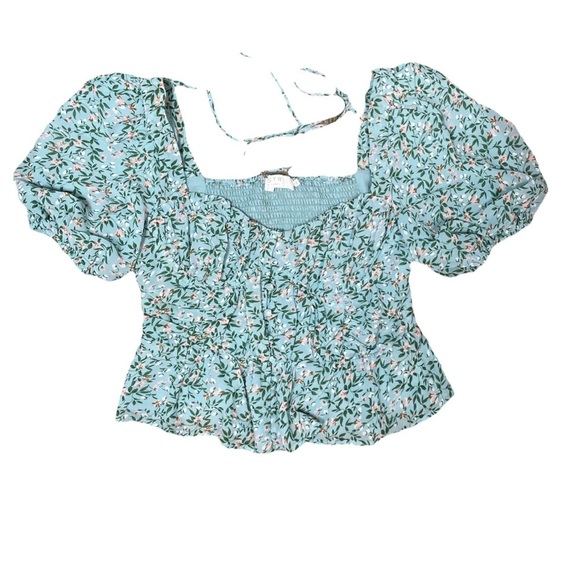 Astr The Label Clairemont Floral Top Cropped Boho In Blue Smocked Size Large - Picture 1 of 6